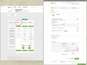 Na początku (lewa strona) Plus nie zdradza, że prezentując cenę, zakłada, że zgodzimy się na pewne ustępstwa (e-faktura) oraz że będzie próbował namówić nas na dodatkowe koszty. Na szczęście nieco później (prawa strona) przyznaje się do tego.