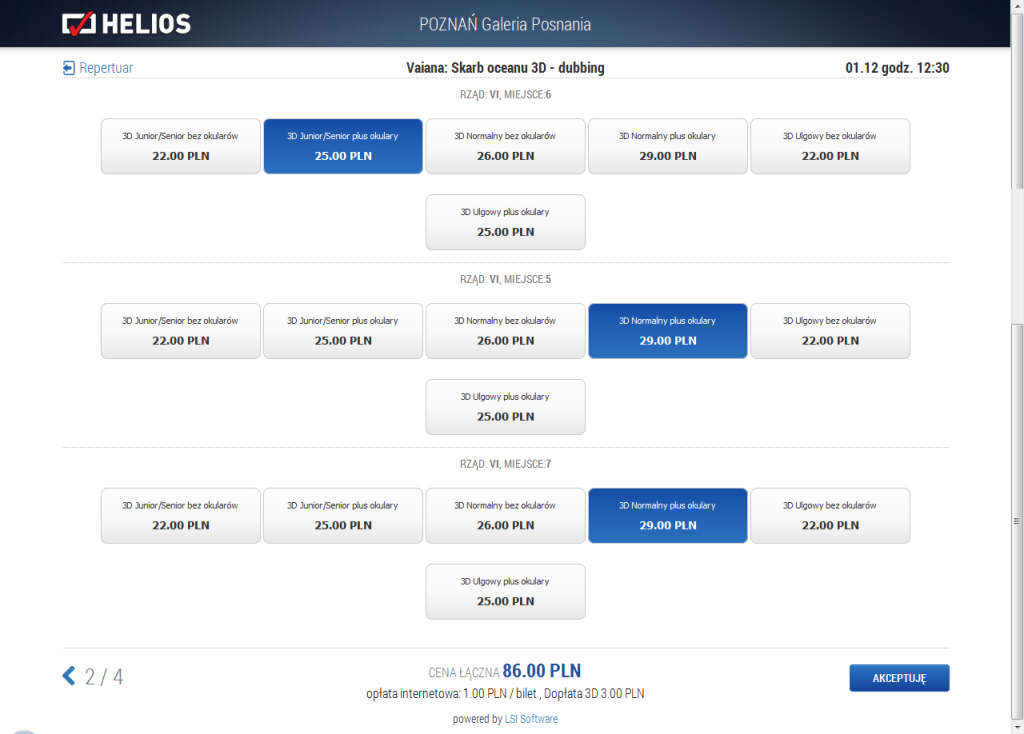 Helios - ekran zakupu biletów